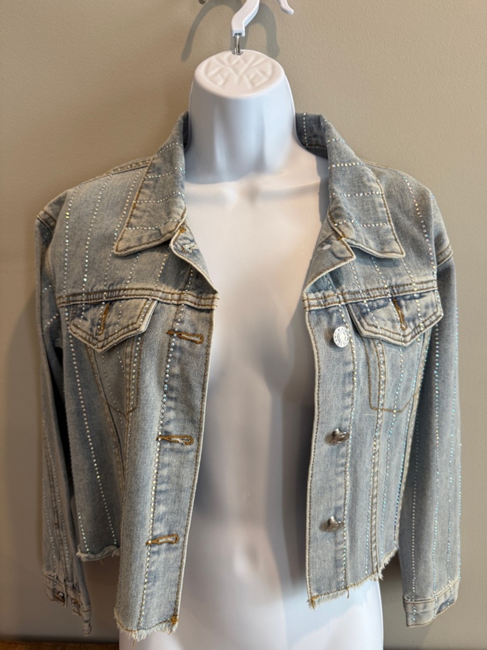 Light Wash Denim Jean Jacket with Subtle Rhinestone Detail